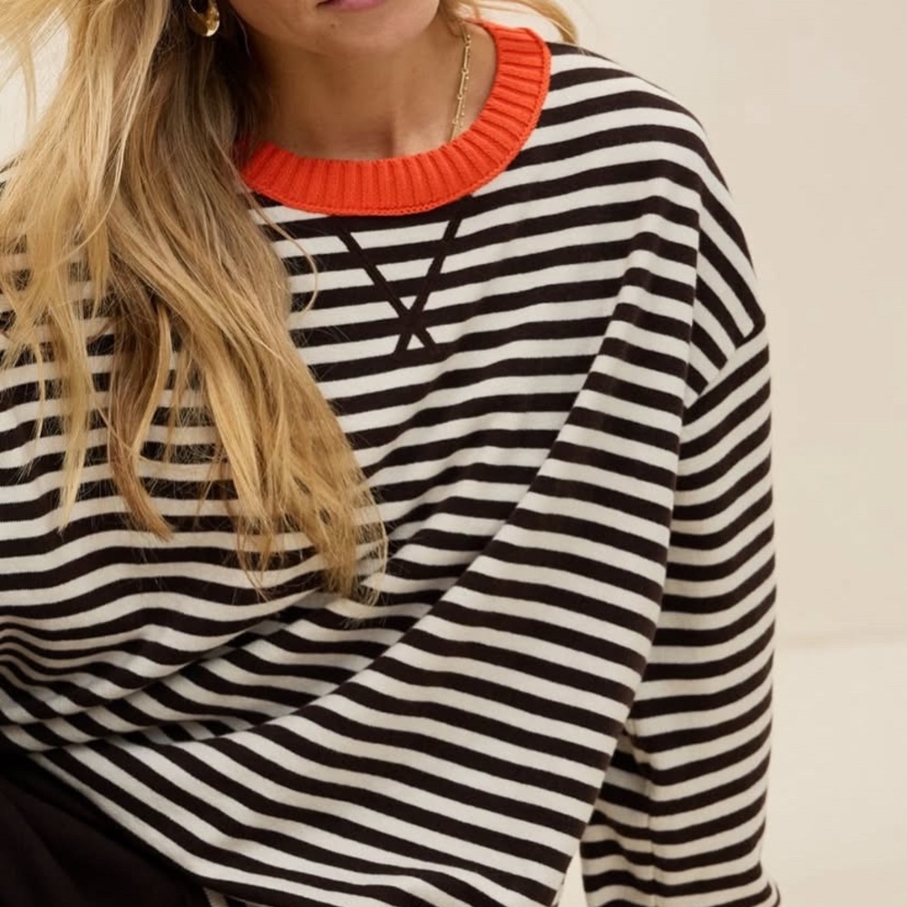 aerie Black and White Striped Crewneck Sweater with Orange Trim